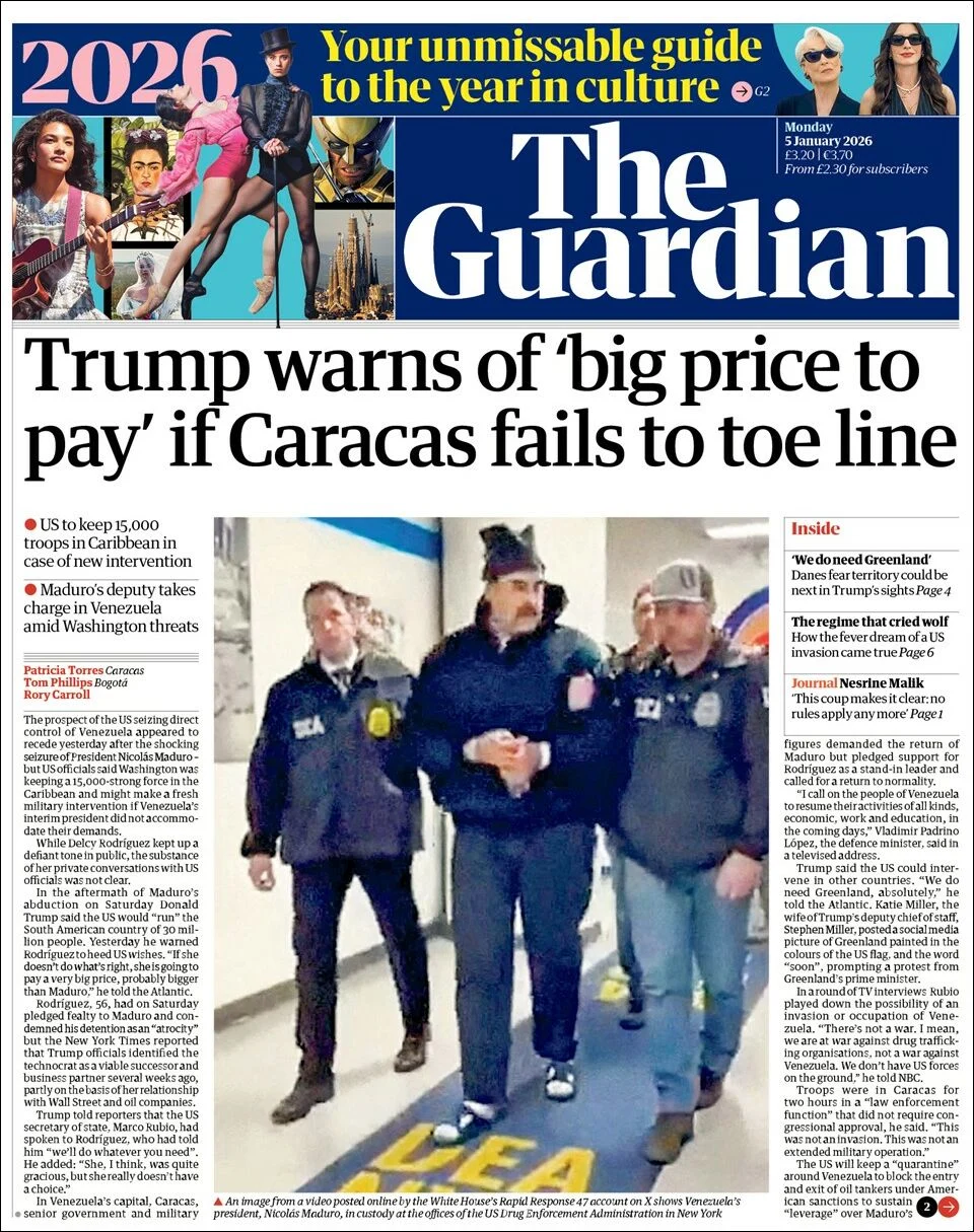 Portada de The Guardian (reino Unido) del lunes, 5 de enero de 2026