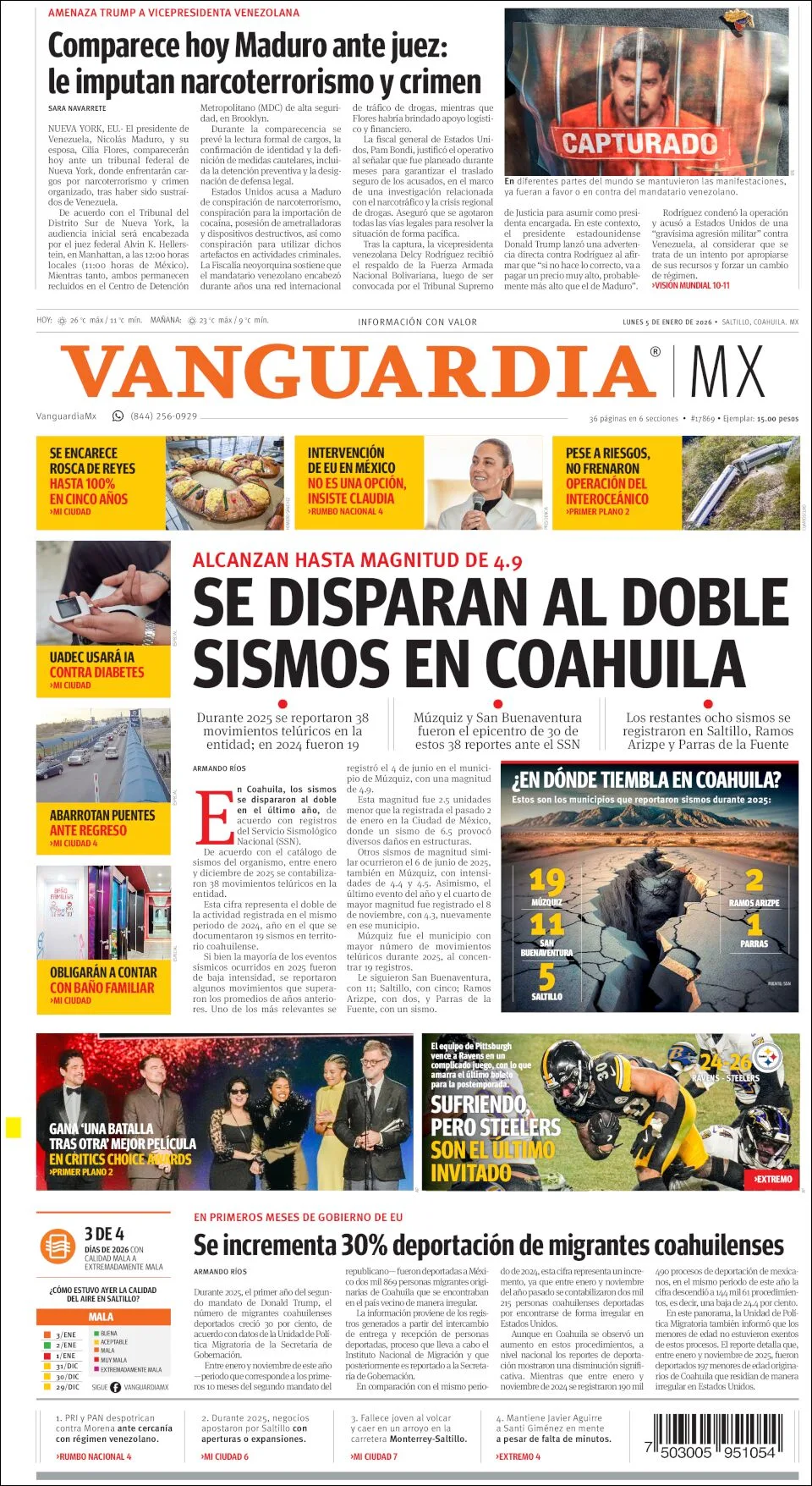 Portada de Vanguardia del lunes, 5 de enero de 2026