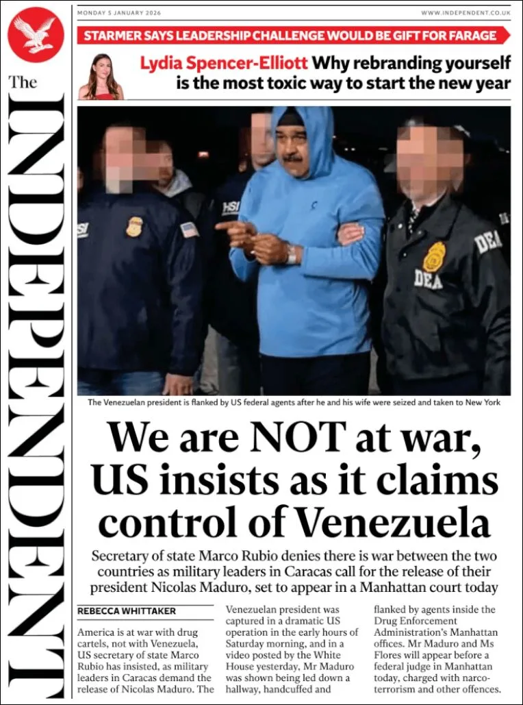 Portada de The Independent del lunes, 5 de enero de 2026