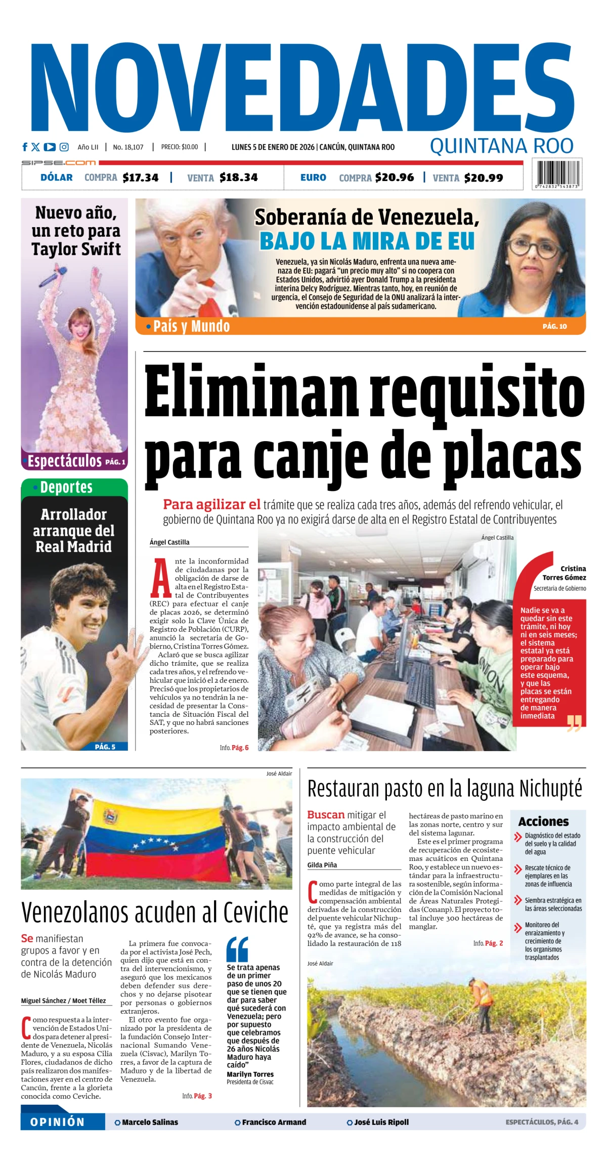 Portada de Novedades Quintana Roo del lunes, 5 de enero de 2026