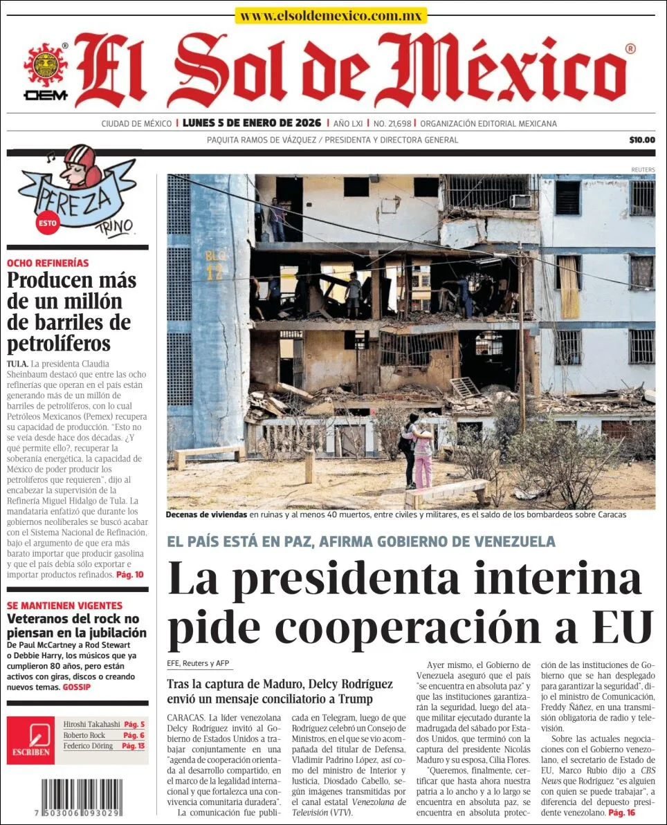 Portada de El Sol de Mexico del lunes, 5 de enero de 2026