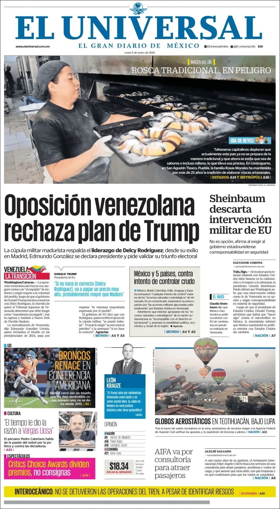 Portada de El Universal del lunes, 5 de enero de 2026