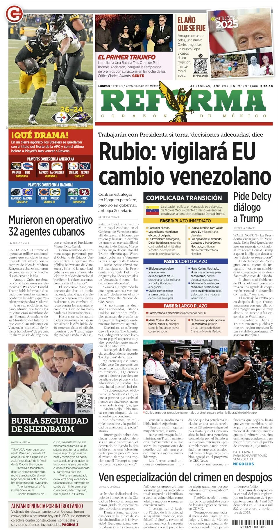 Portada de Reforma del lunes, 5 de enero de 2026