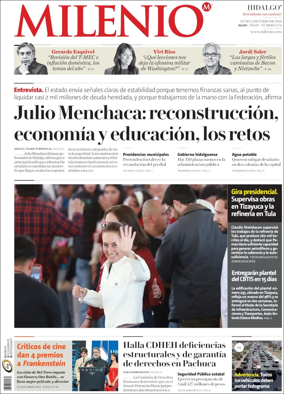 Portada de Milenio Hidalgo del lunes, 5 de enero de 2026