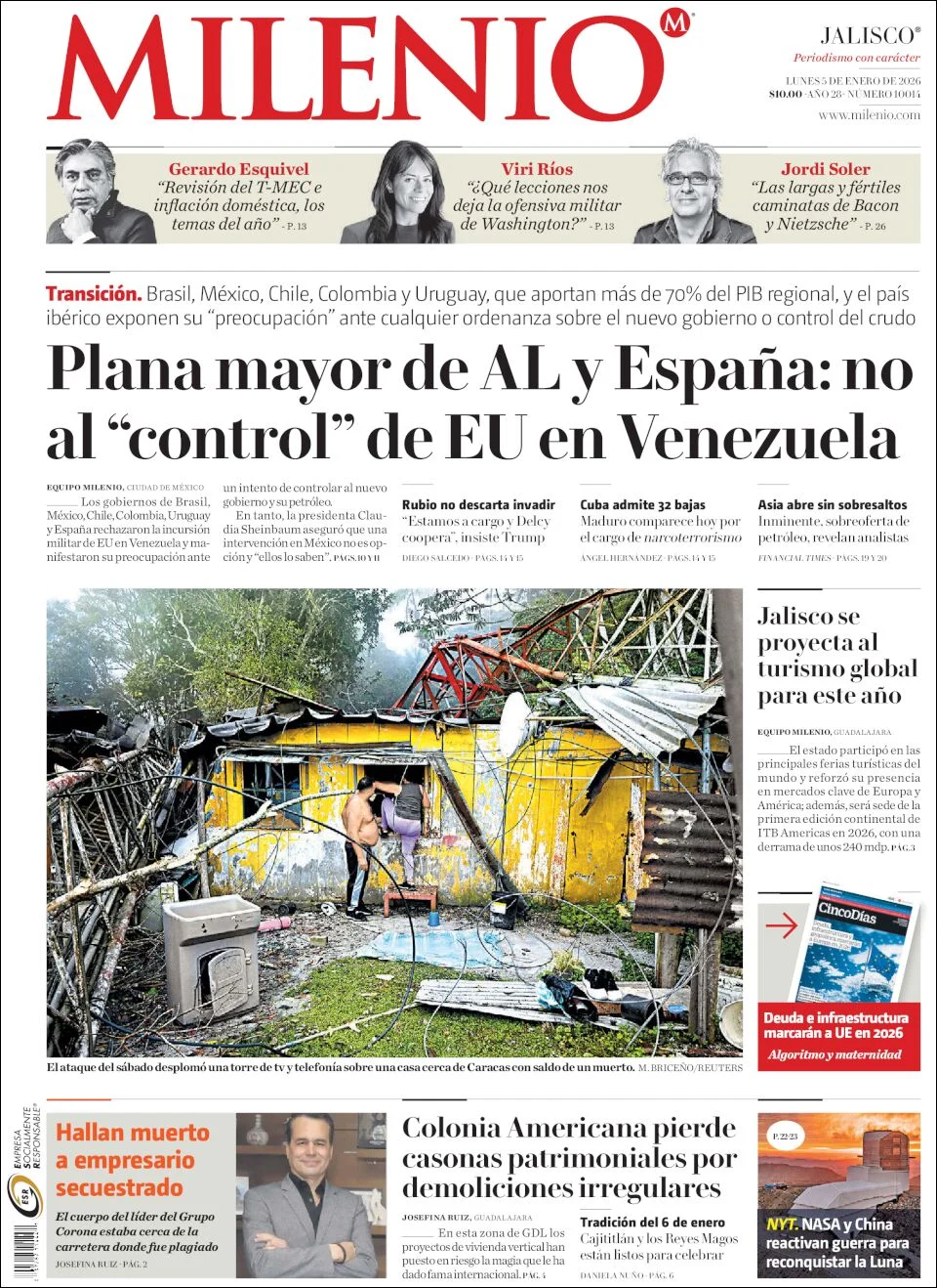 Portada de Milenio Jalisco del lunes, 5 de enero de 2026