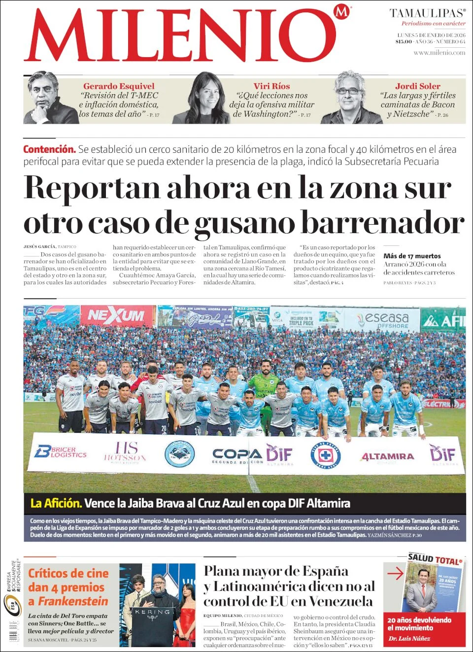 Portada de Milenio Tamaulipas del lunes, 5 de enero de 2026