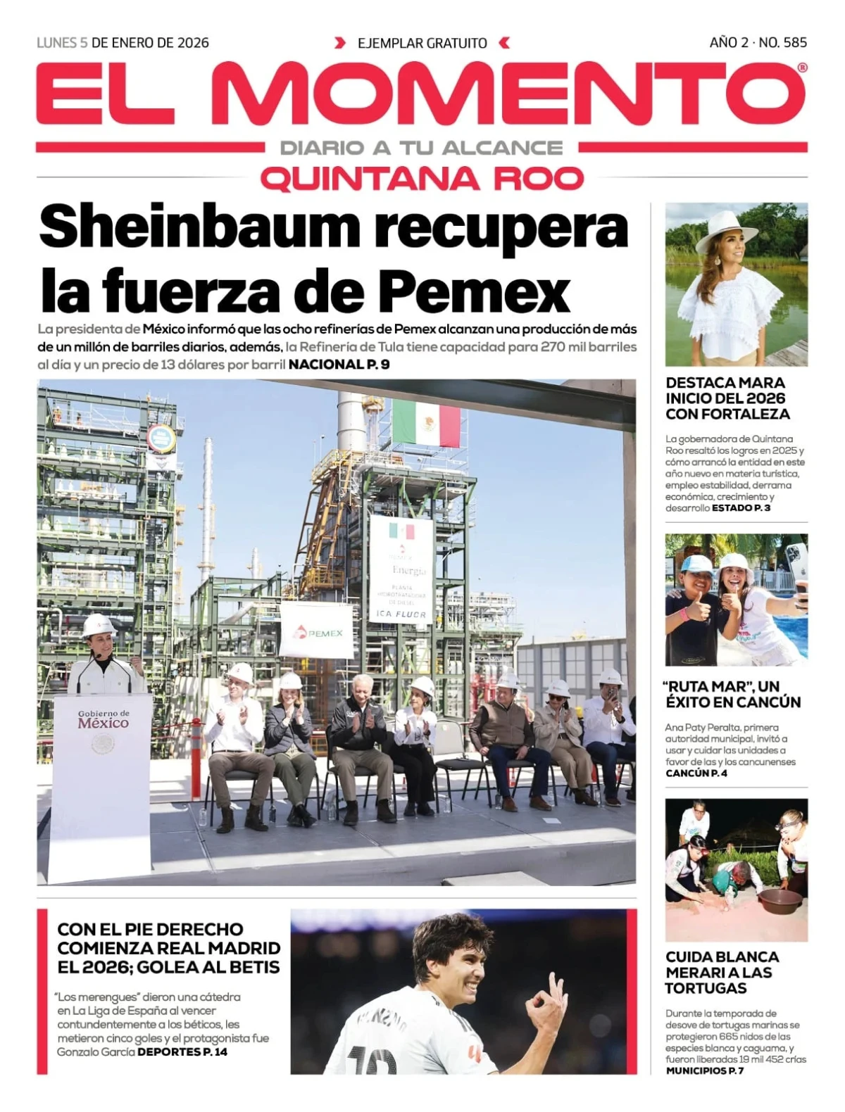Portada de El Momento Quintana Roo del lunes, 5 de enero de 2026