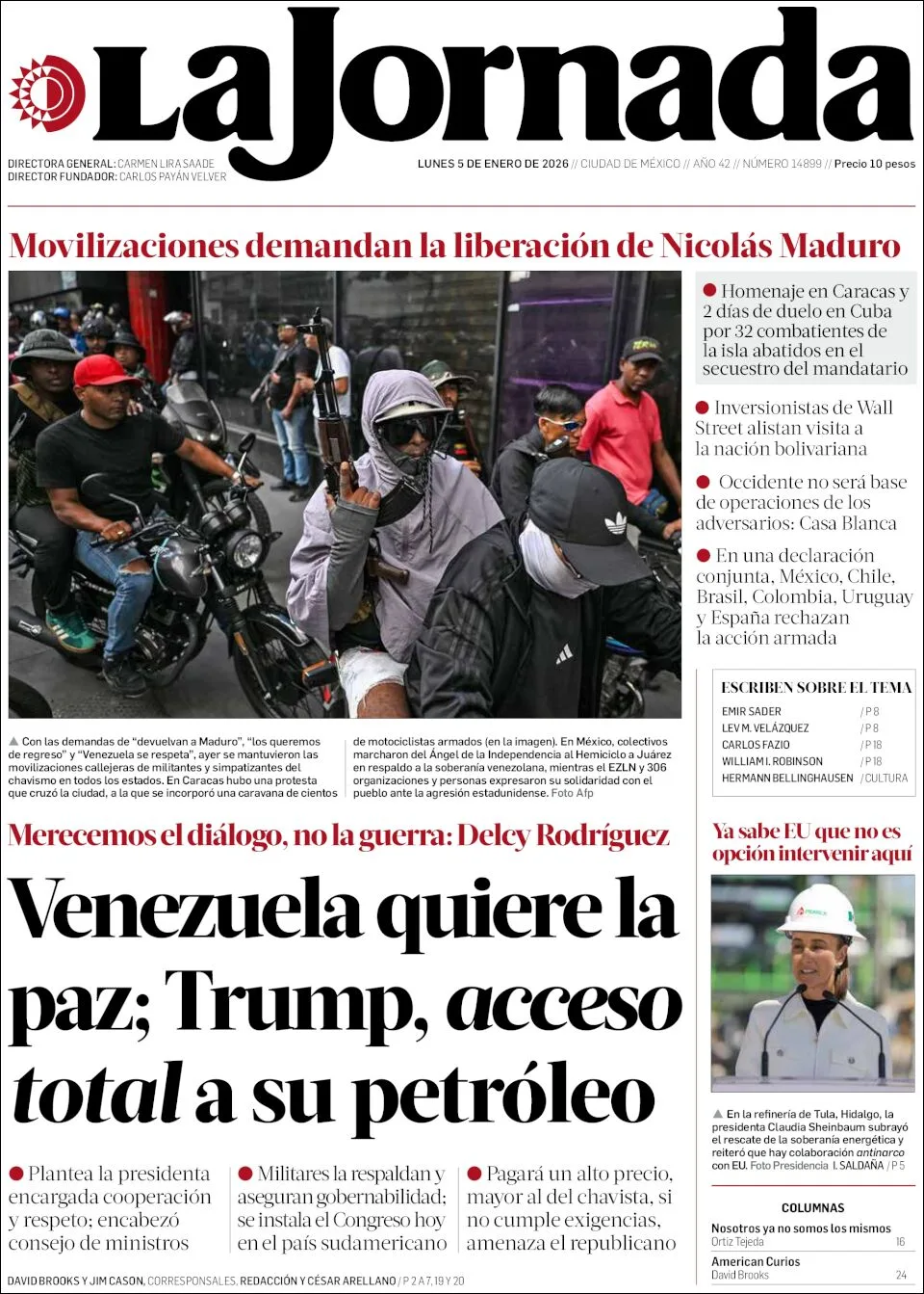 Portada de La Jornada del lunes, 5 de enero de 2026