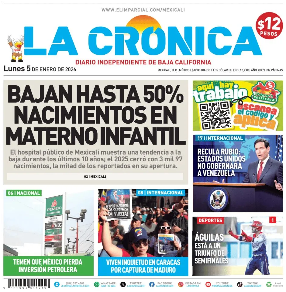 Portada de La Cronica del lunes, 5 de enero de 2026