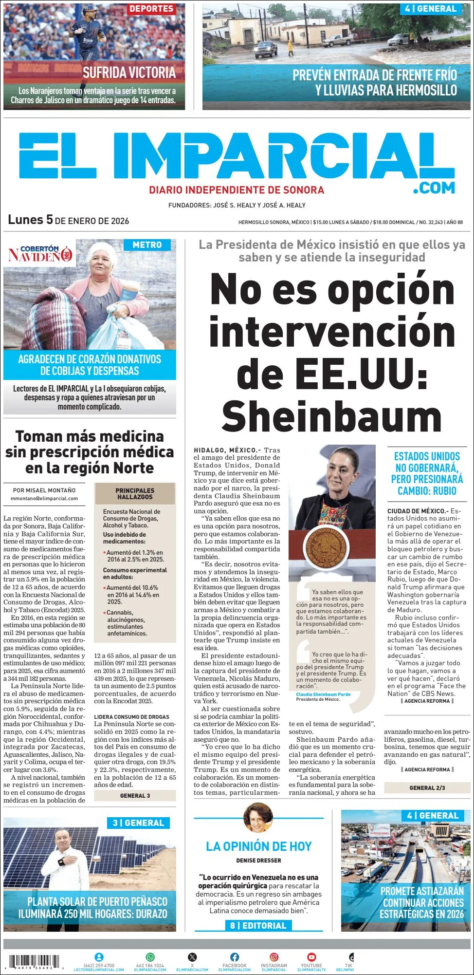 Portada de El Imparcial del lunes, 5 de enero de 2026