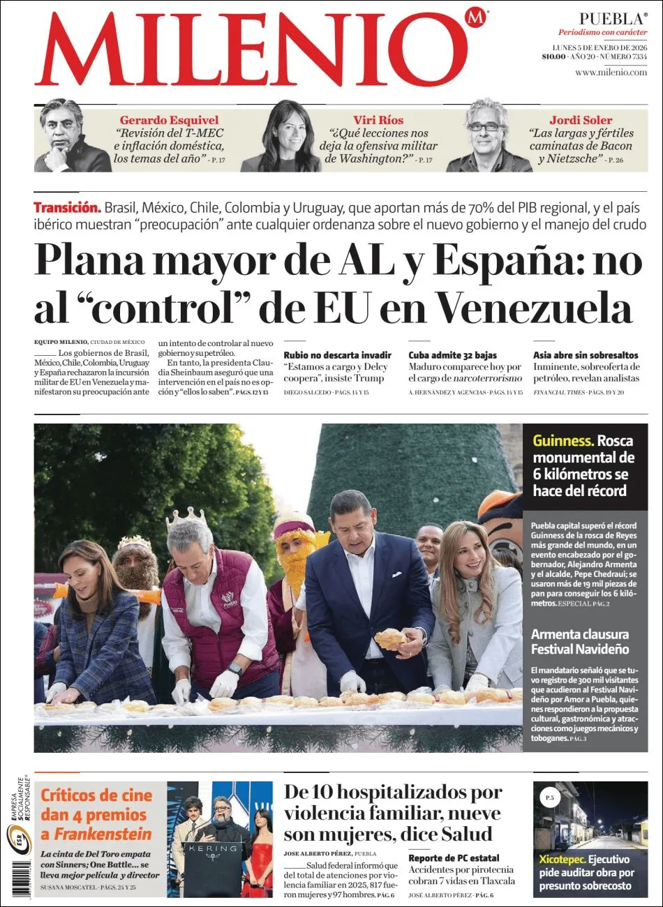 Portada de Milenio Puebla del lunes, 5 de enero de 2026