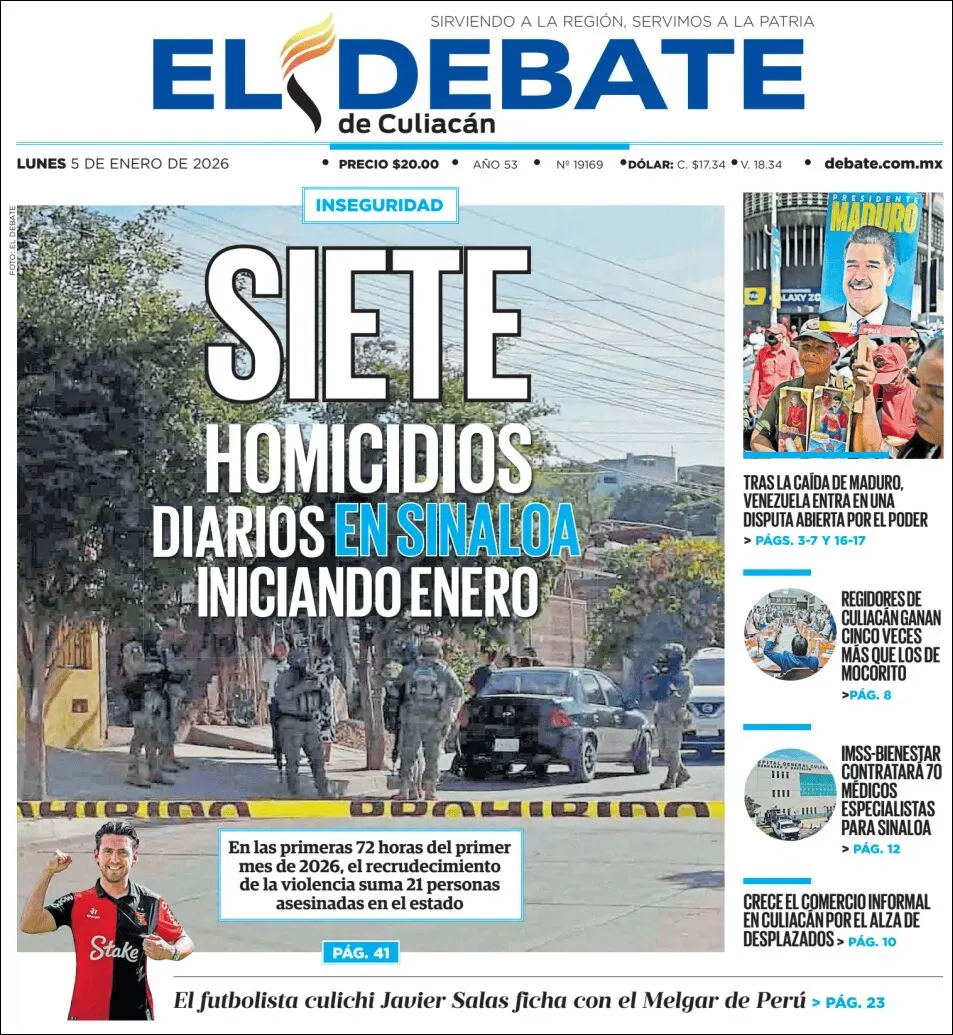 Portada de El Debate de Culiacan del lunes, 5 de enero de 2026