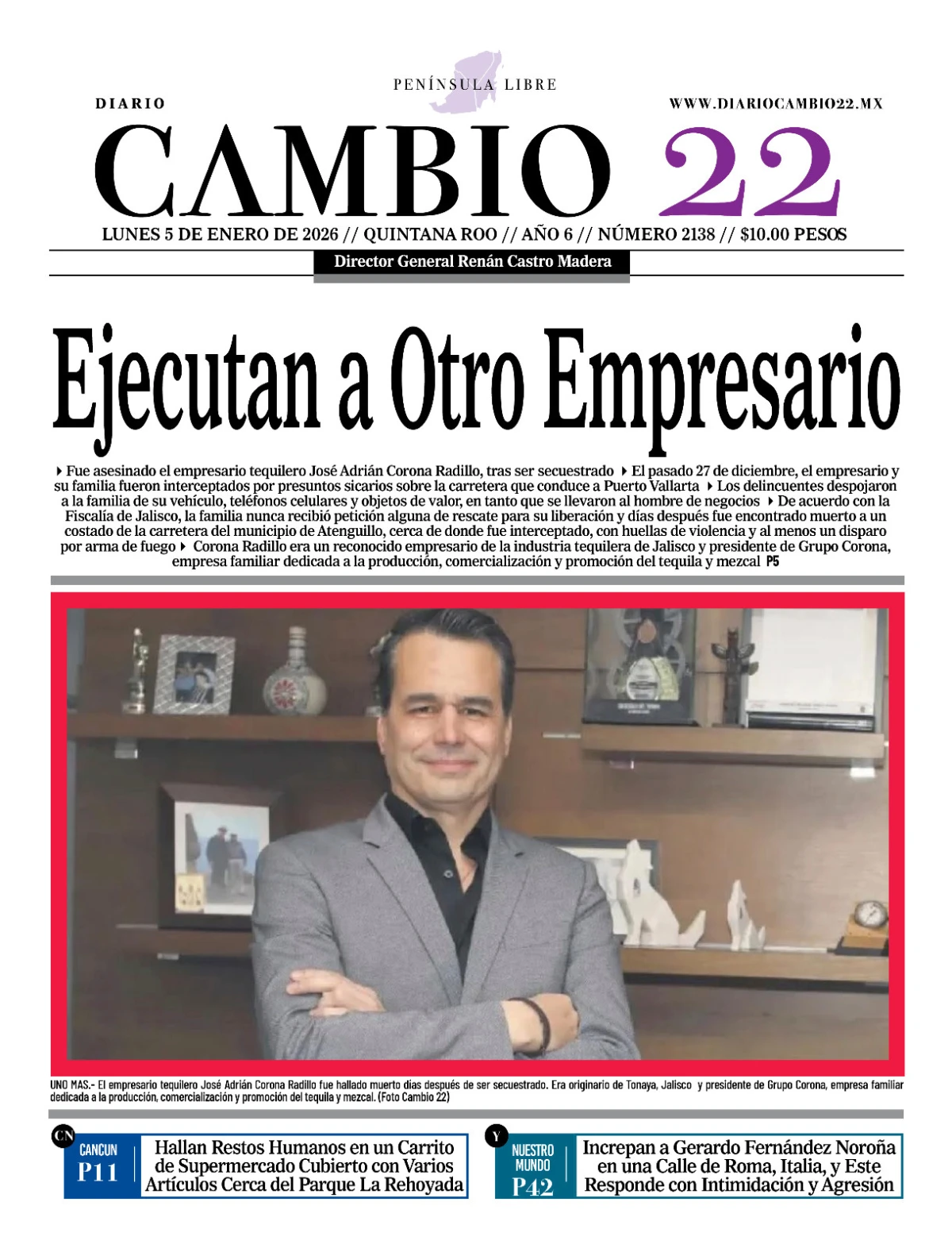 Portada de Diario Cambio 22 (contraportada) del lunes, 5 de enero de 2026