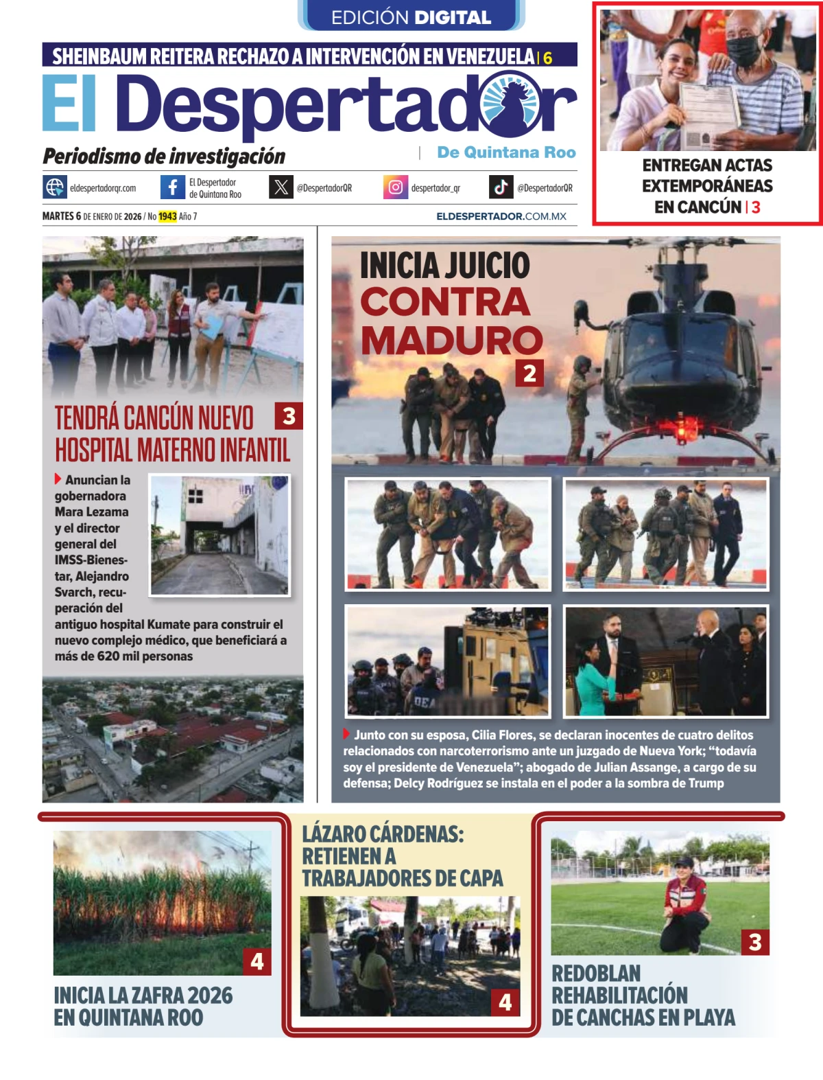 Portada de El Despertador de Quintana Roo del martes, 6 de enero de 2026