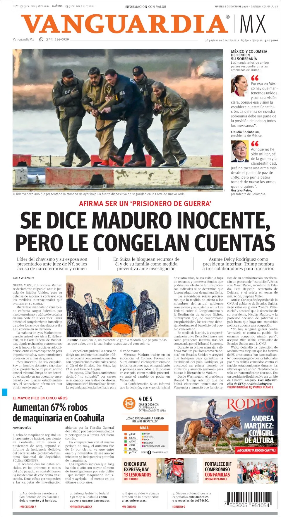 Portada de Vanguardia del martes, 6 de enero de 2026
