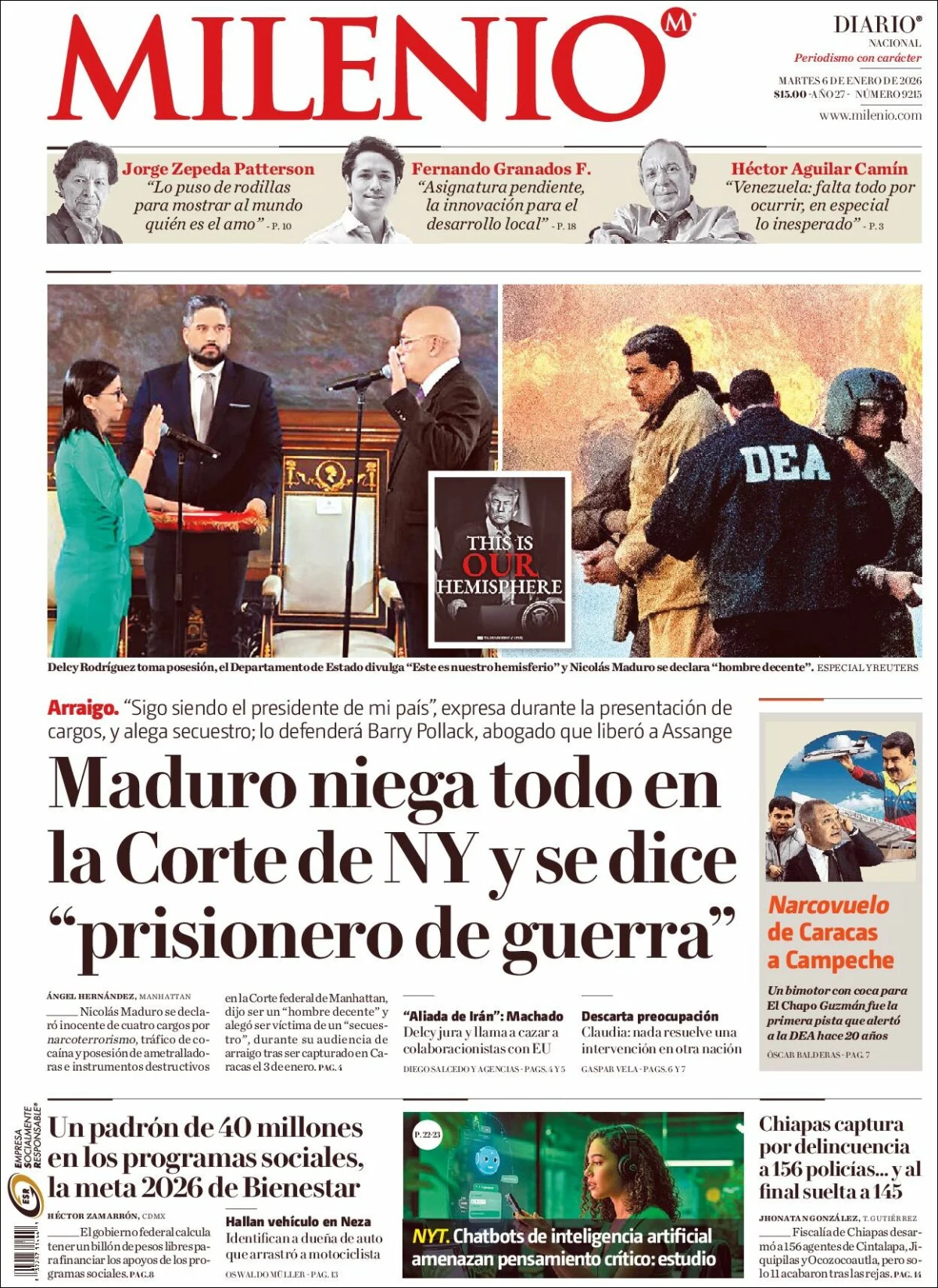 Portada de Milenio del martes, 6 de enero de 2026
