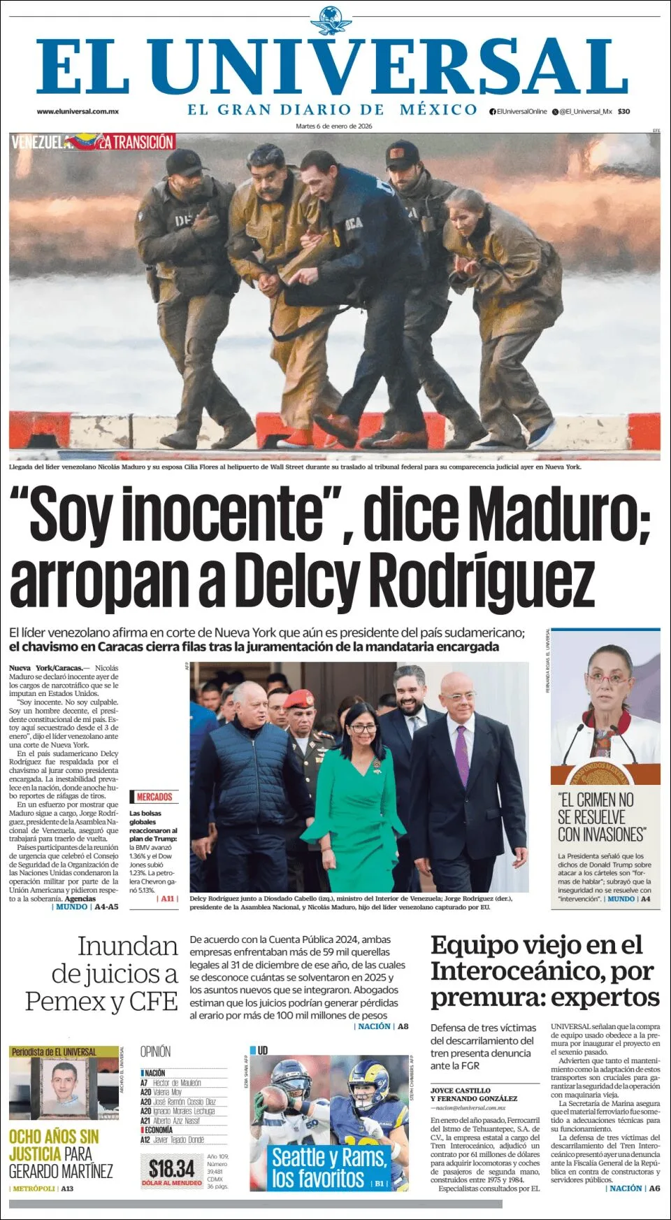 Portada de El Universal del martes, 6 de enero de 2026