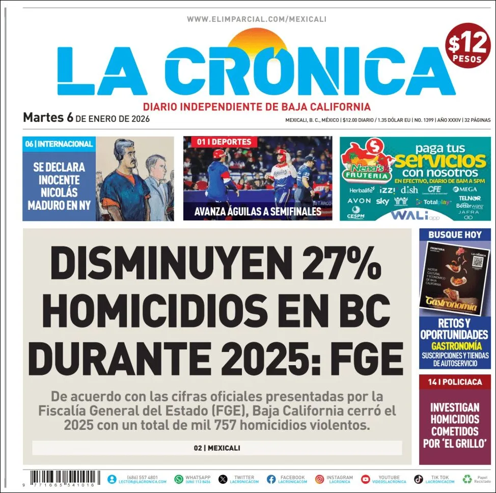Portada de La Cronica del martes, 6 de enero de 2026