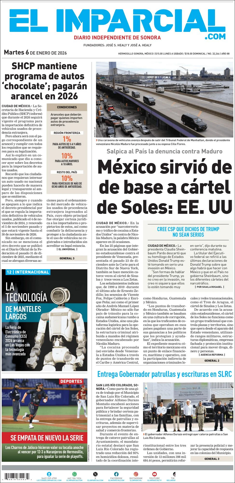 Portada de El Imparcial del martes, 6 de enero de 2026