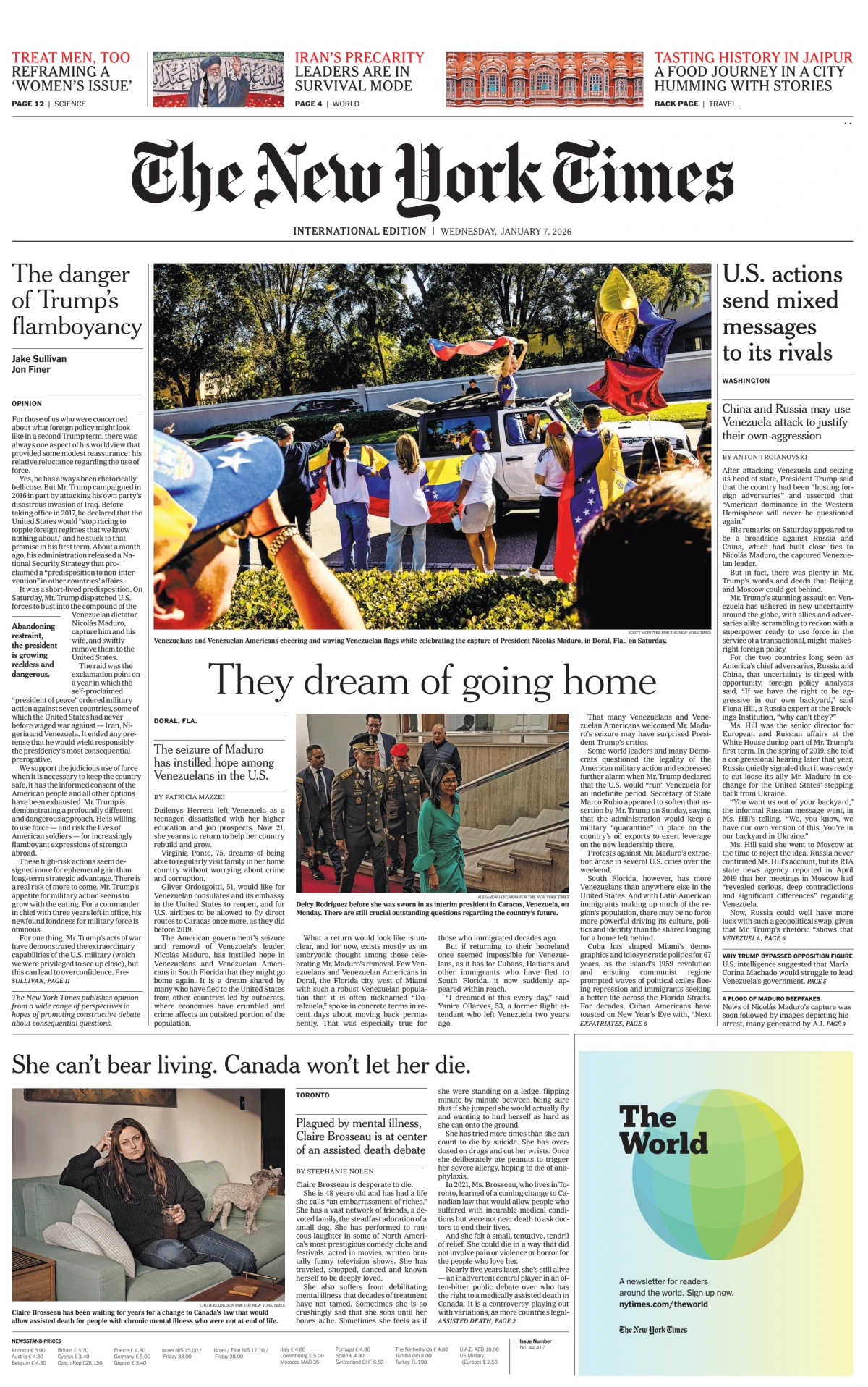Portada de The New York Times (international) del miércoles, 7 de enero de 2026