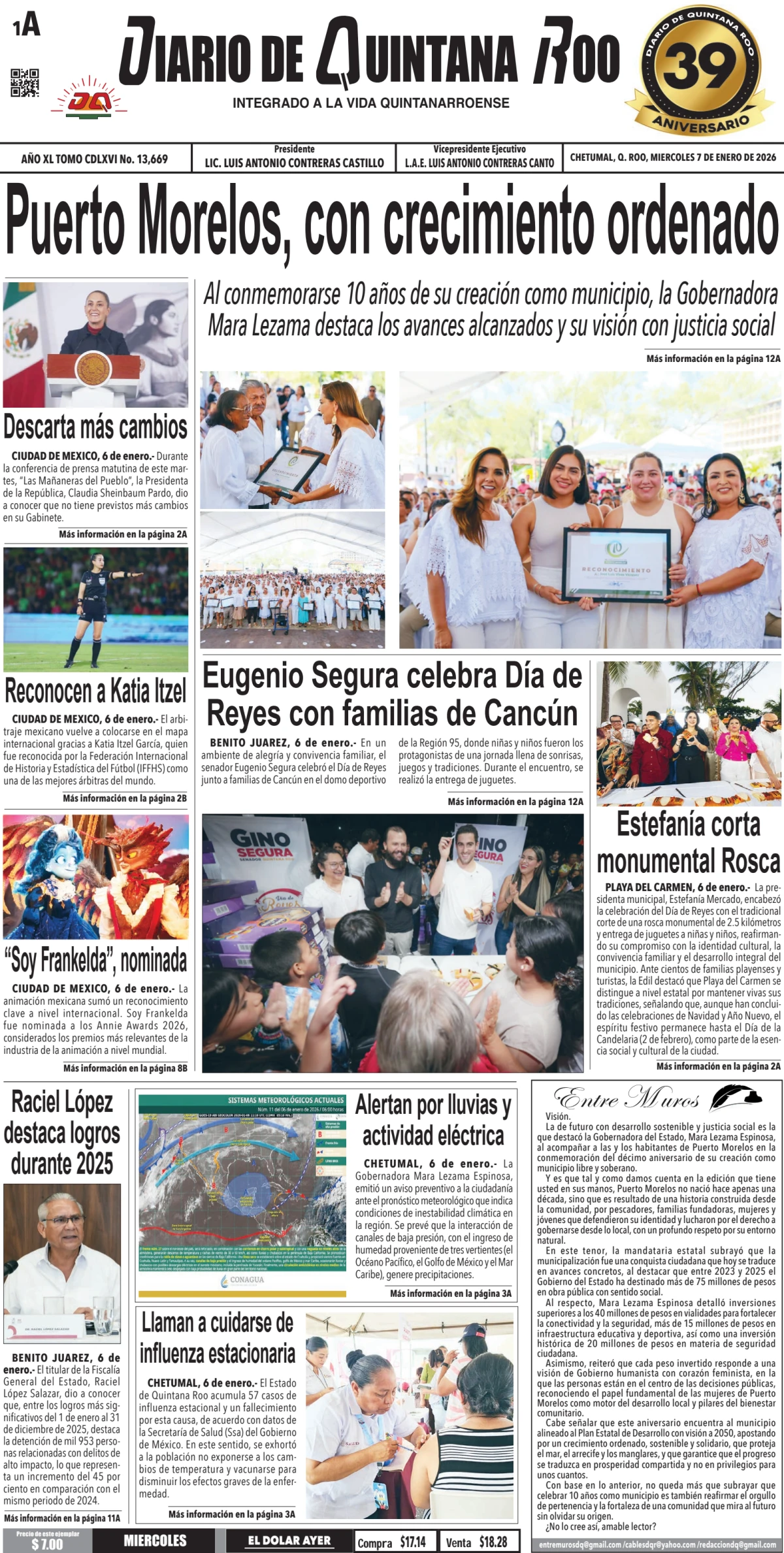 Portada de Diario de Quintana Roo (portada) del miércoles, 7 de enero de 2026