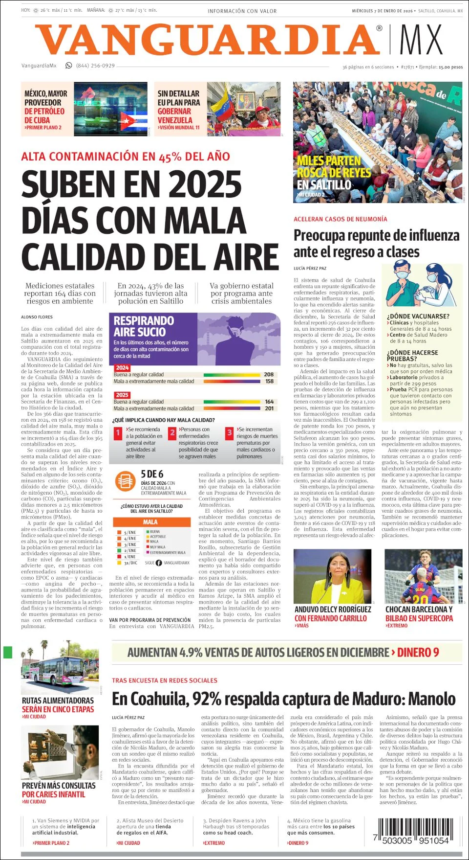 Portada de Vanguardia del miércoles, 7 de enero de 2026