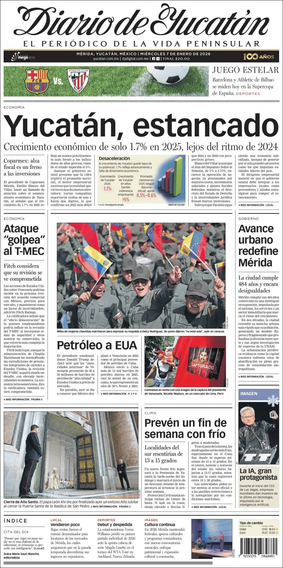 Portada de Diario de Yucatán del miércoles, 7 de enero de 2026