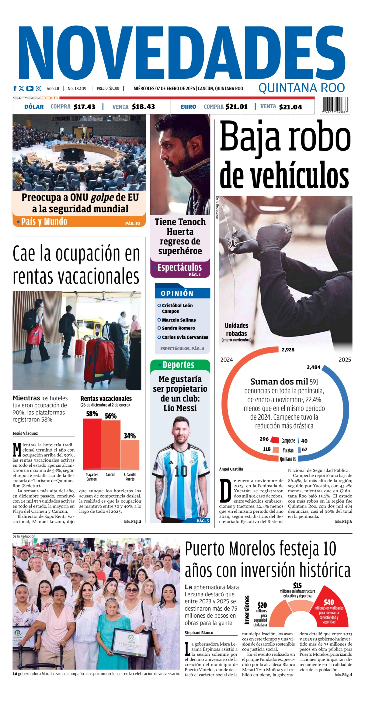 Portada de Novedades Quintana Roo del miércoles, 7 de enero de 2026