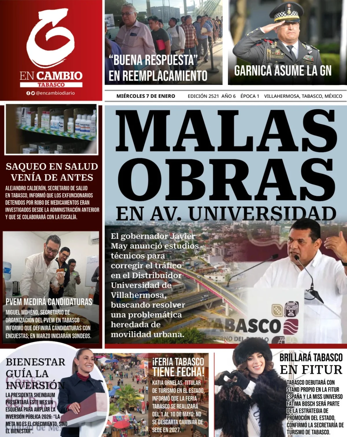 Portada de En Cambio - Tabasco (portada) del miércoles, 7 de enero de 2026