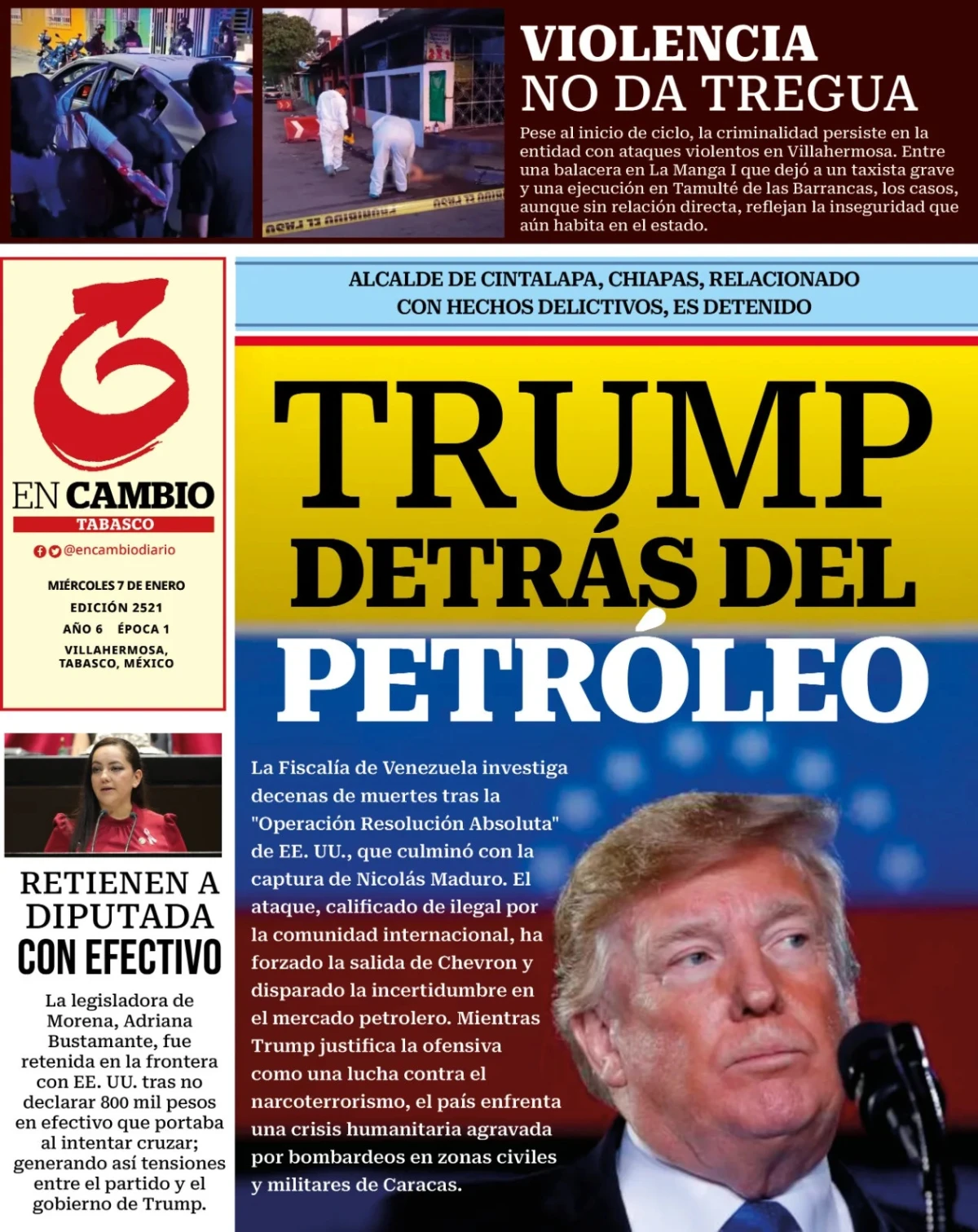 Portada de En Cambio - Tabasco (contraportada) del miércoles, 7 de enero de 2026