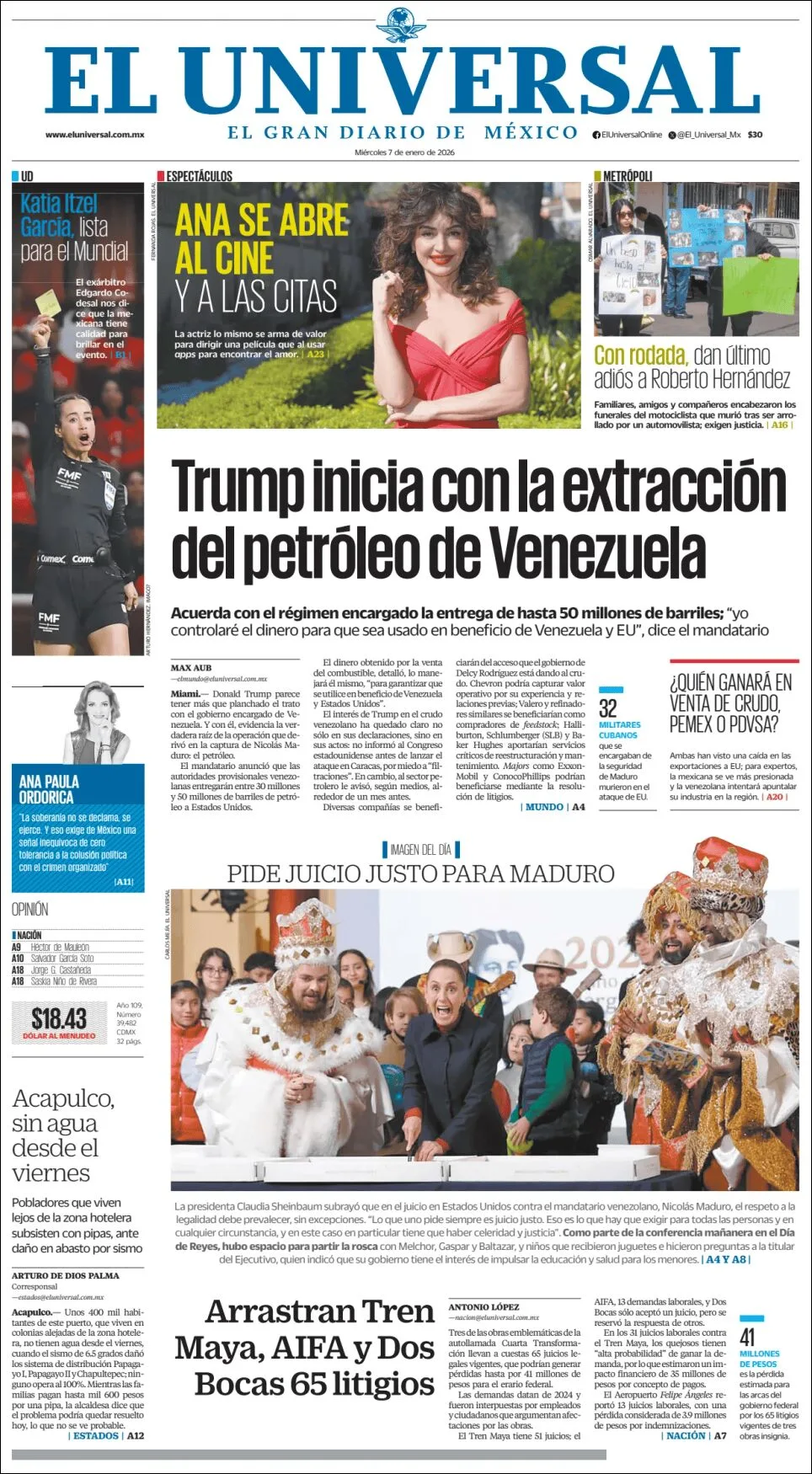 Portada de El Universal del miércoles, 7 de enero de 2026