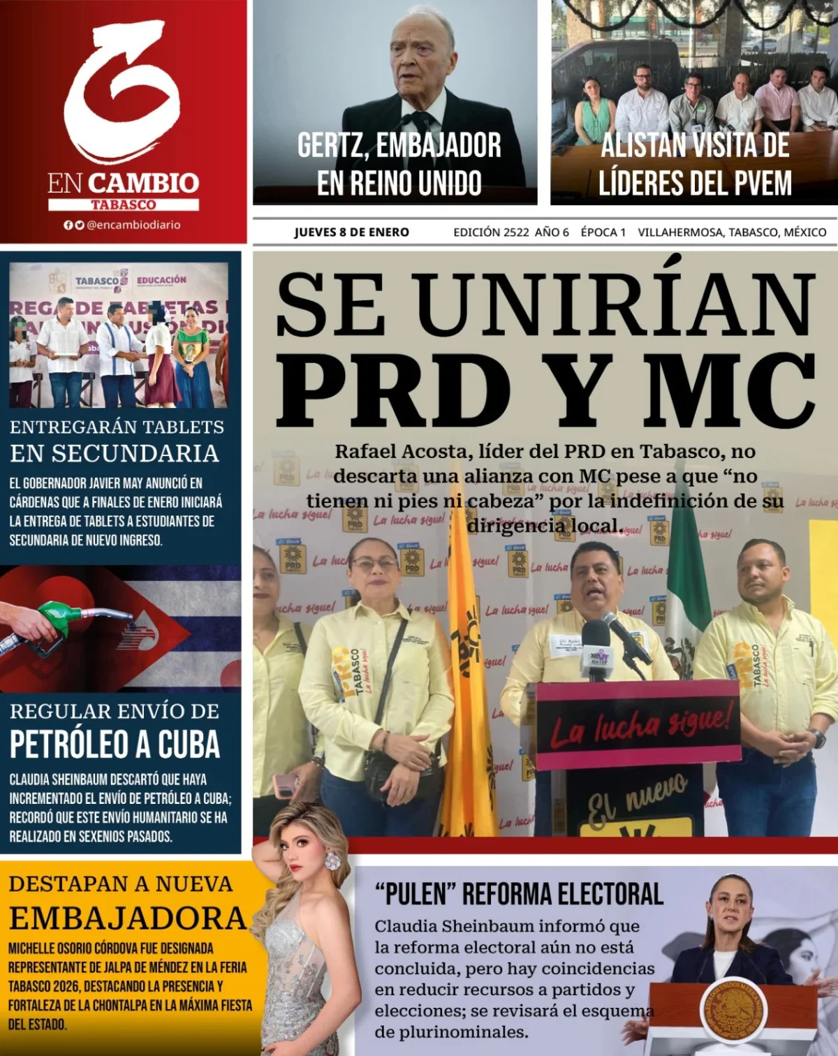 Portada de En Cambio - Tabasco (portada) del jueves, 8 de enero de 2026