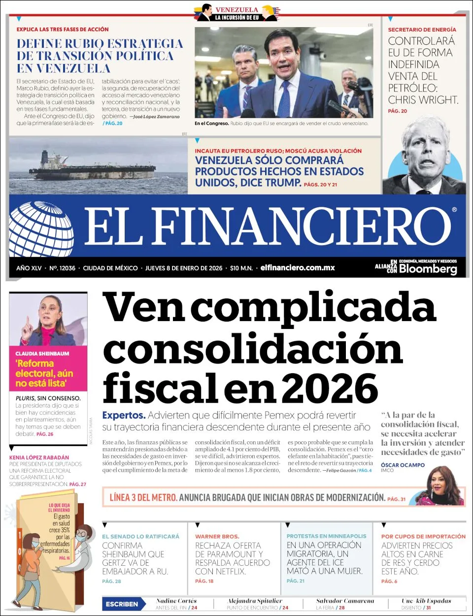 Portada de El Financiero del jueves, 8 de enero de 2026