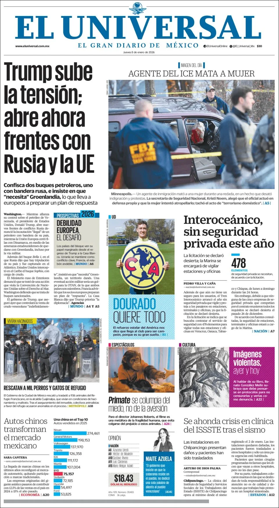 Portada de El Universal del jueves, 8 de enero de 2026