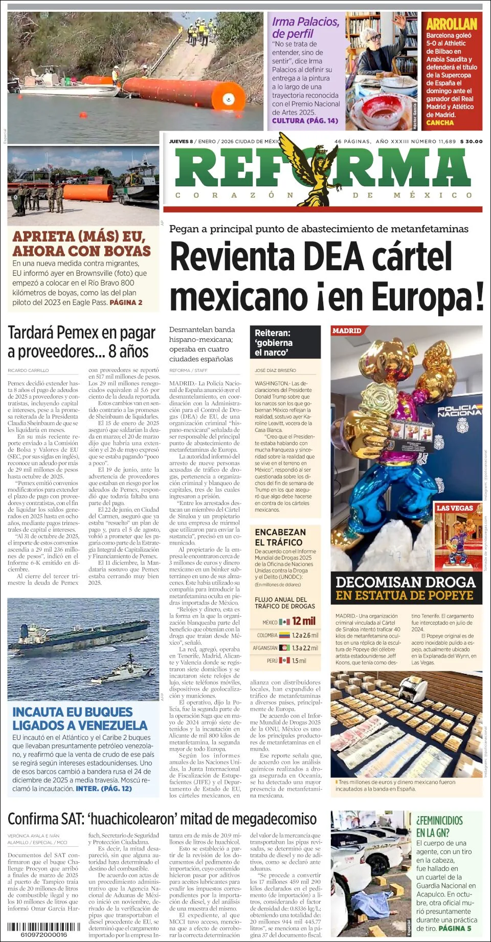 Portada de Reforma del jueves, 8 de enero de 2026