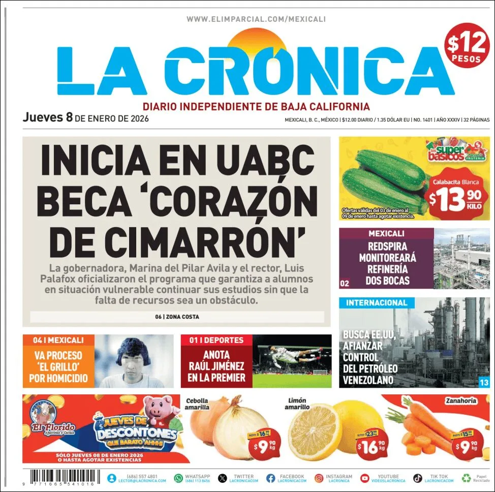 Portada de La Cronica del jueves, 8 de enero de 2026