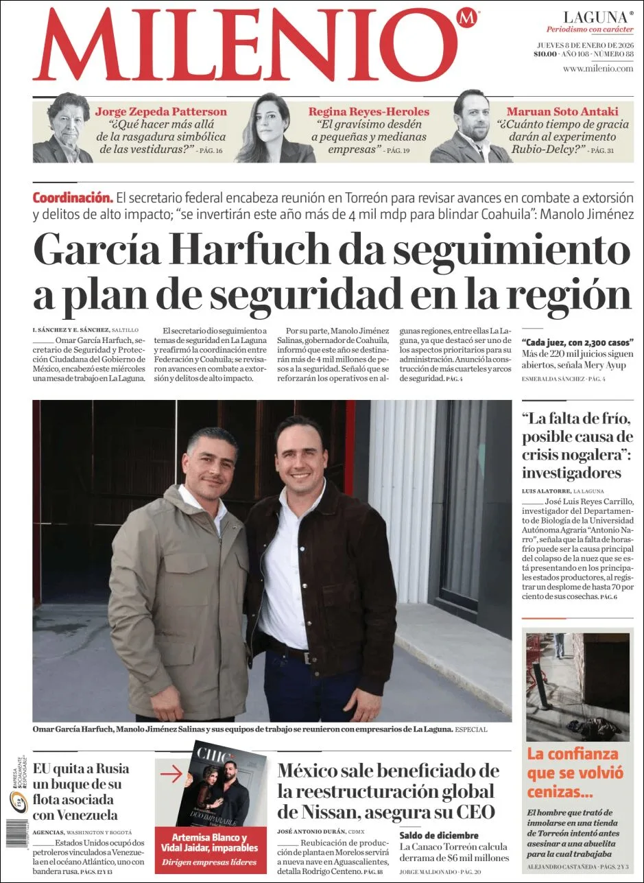 Portada de Milenio Laguna del jueves, 8 de enero de 2026