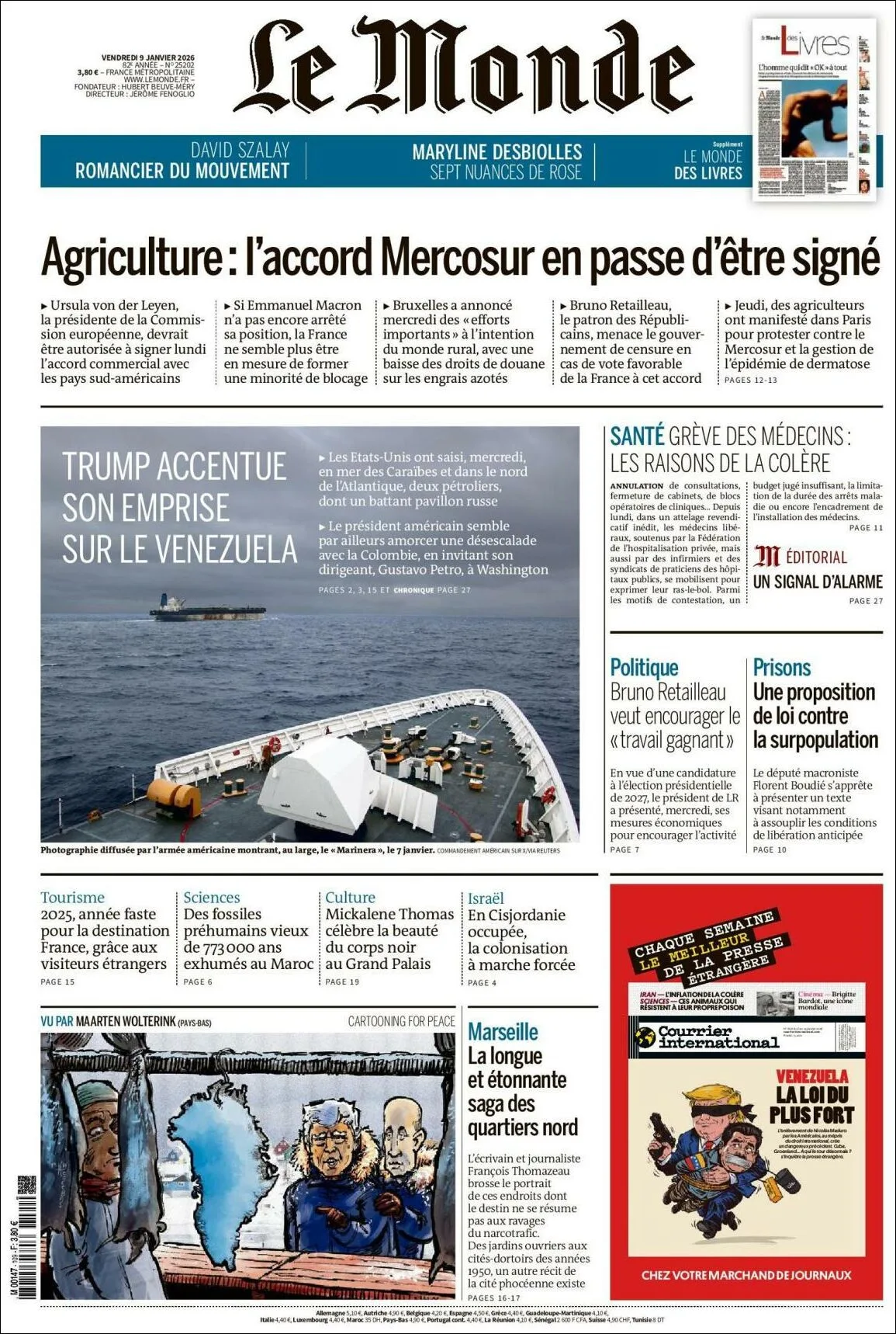 Portada de Le Monde del viernes, 9 de enero de 2026
