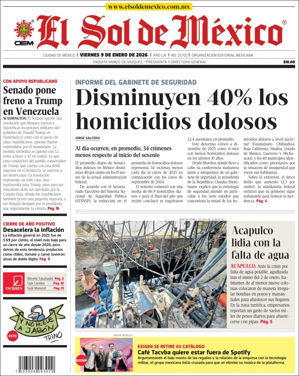 Portada de El Sol de Mexico del viernes, 9 de enero de 2026