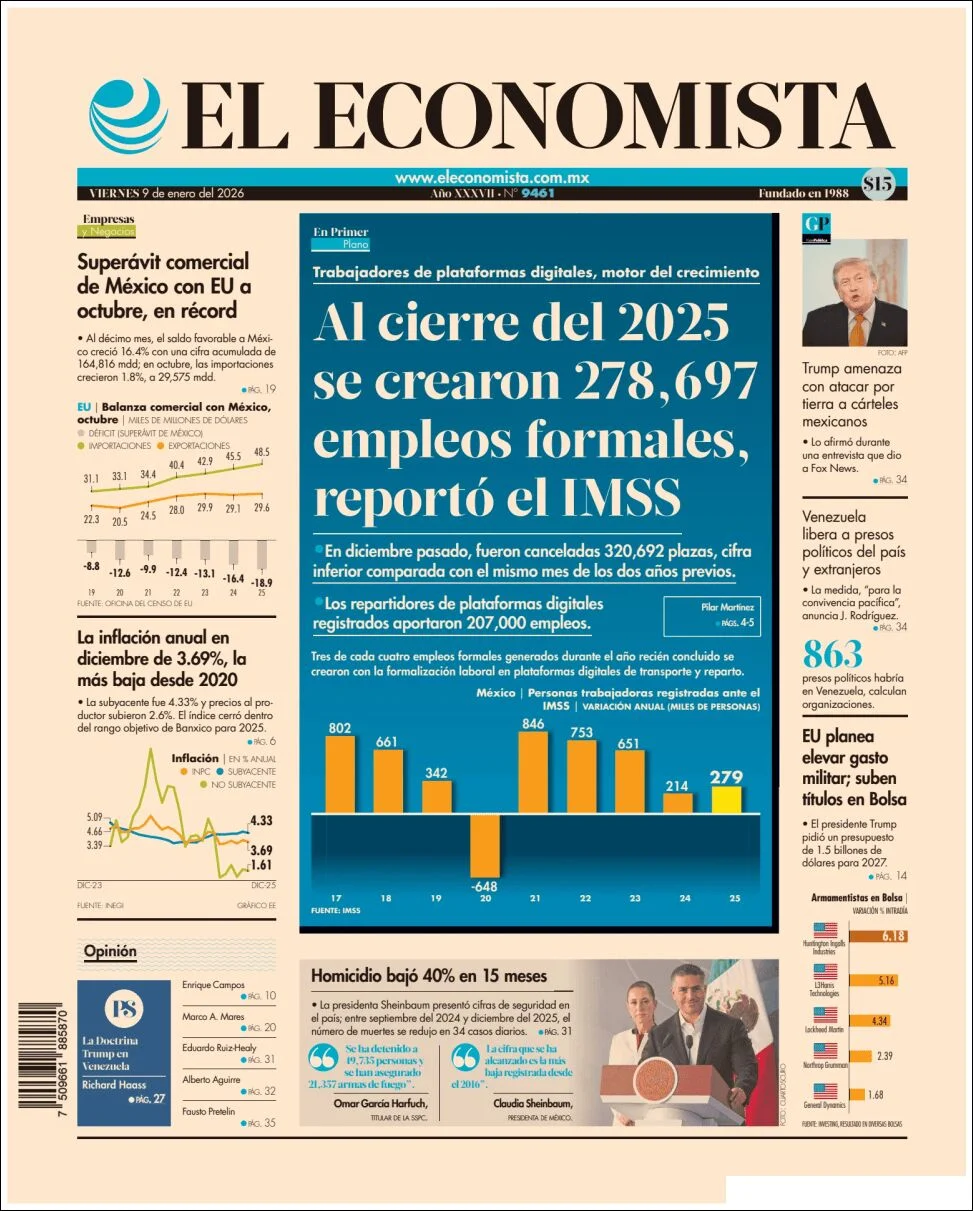 Portada de El Economista del viernes, 9 de enero de 2026