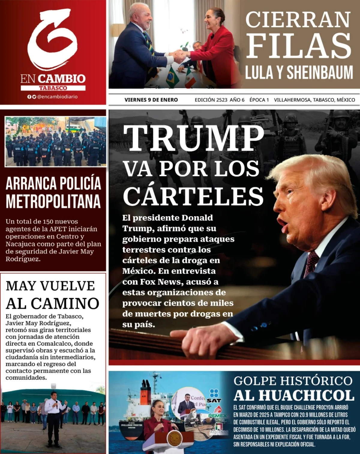 Portada de En Cambio - Tabasco (portada) del viernes, 9 de enero de 2026