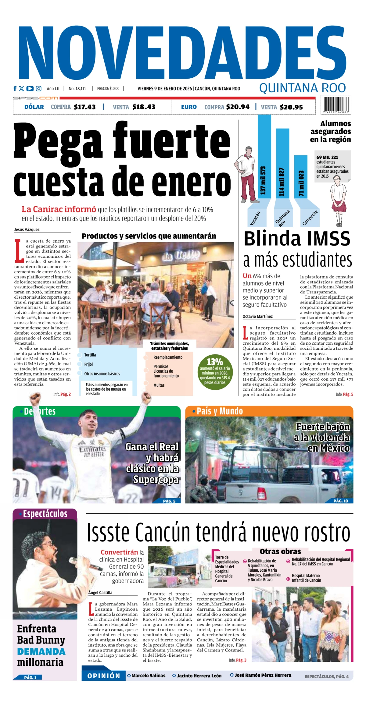 Portada de Novedades Quintana Roo del viernes, 9 de enero de 2026