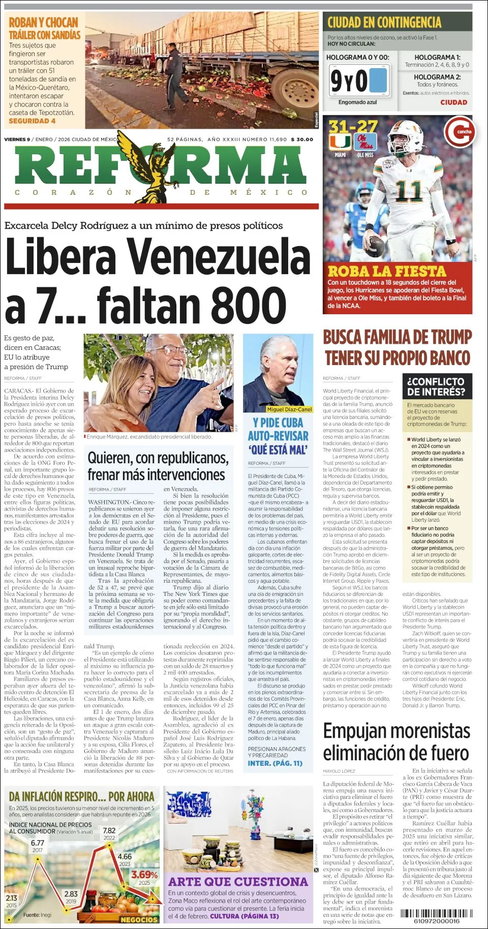 Portada de Reforma del viernes, 9 de enero de 2026