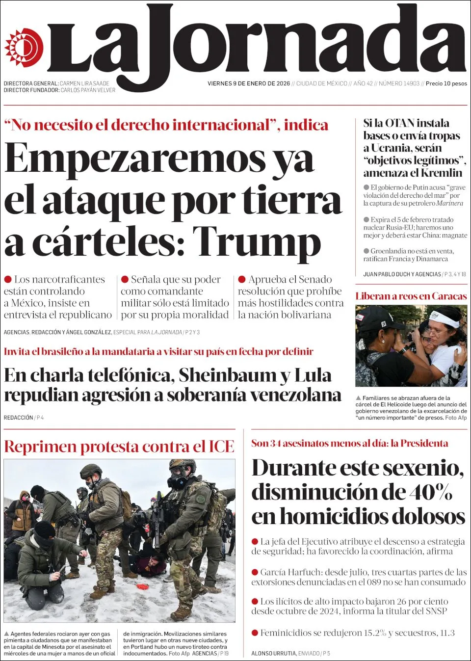 Portada de La Jornada del viernes, 9 de enero de 2026