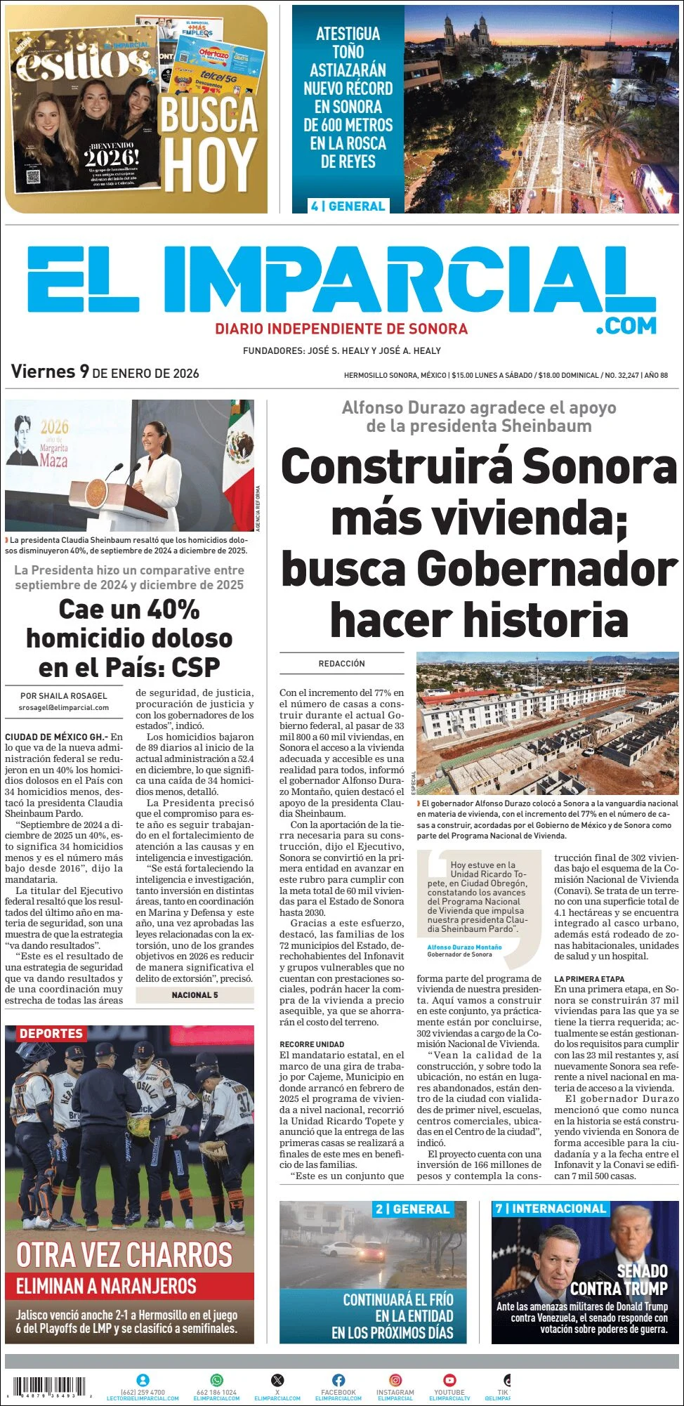 Portada de El Imparcial del viernes, 9 de enero de 2026