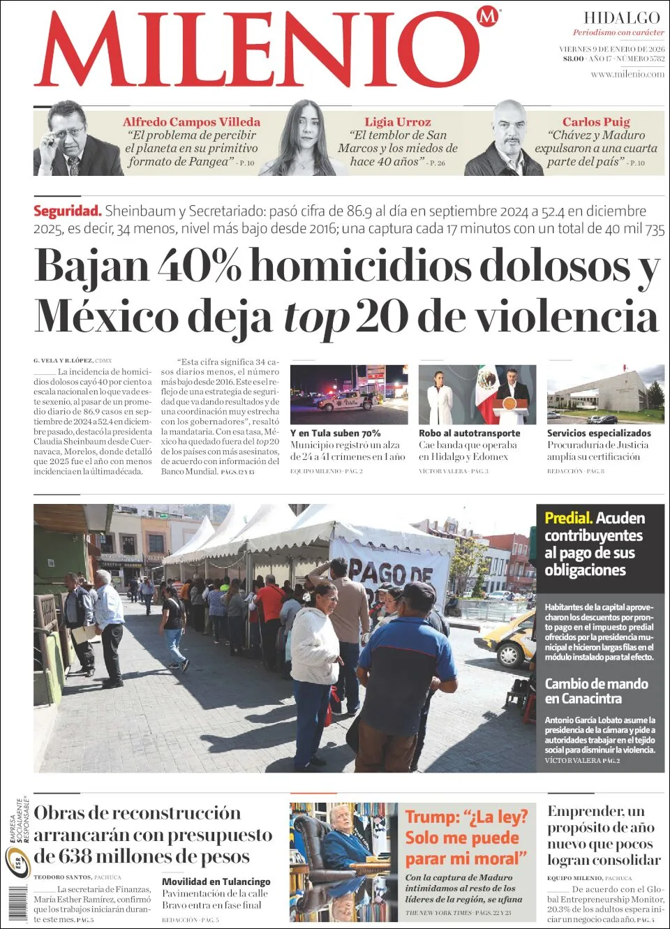 Portada de Milenio Hidalgo del viernes, 9 de enero de 2026