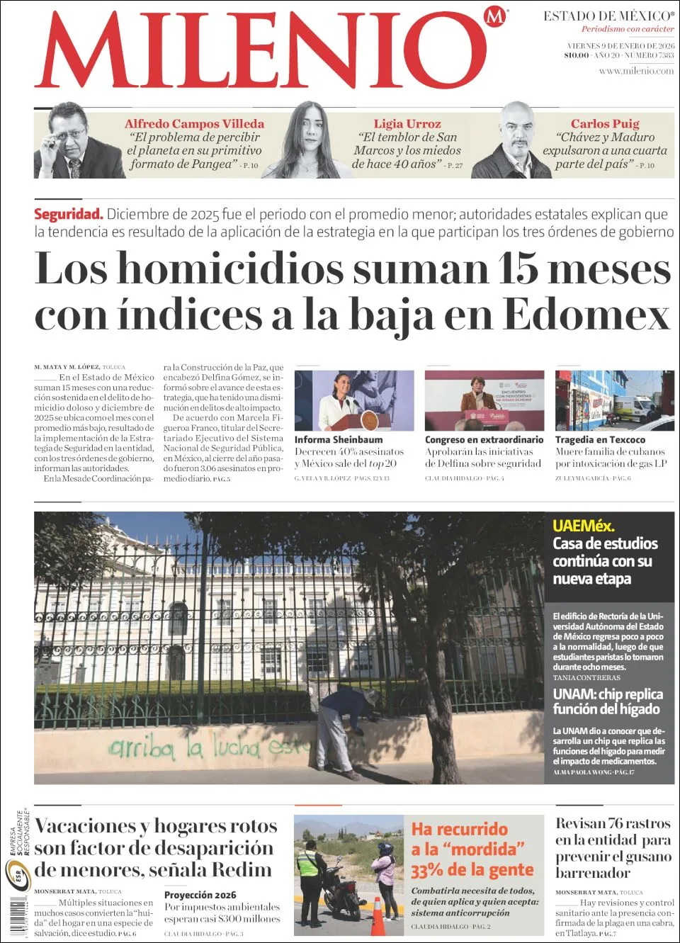 Portada de Milenio Edo de Mexico del viernes, 9 de enero de 2026