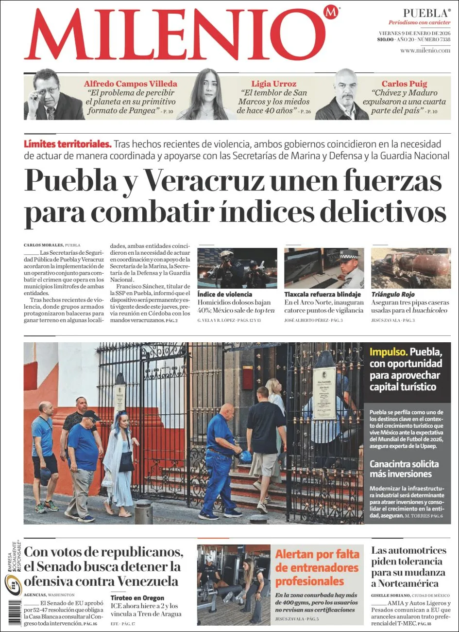 Portada de Milenio Puebla del viernes, 9 de enero de 2026