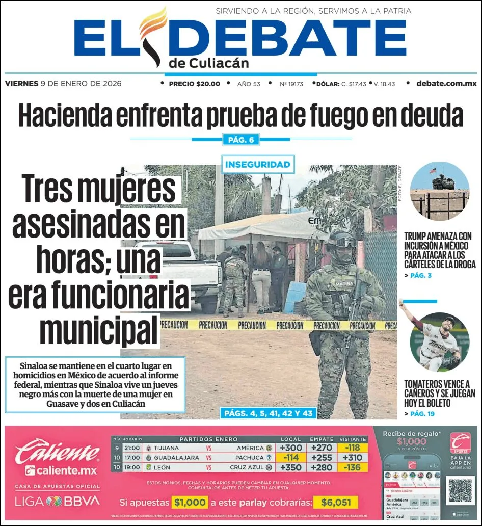 Portada de El Debate de Culiacan del viernes, 9 de enero de 2026