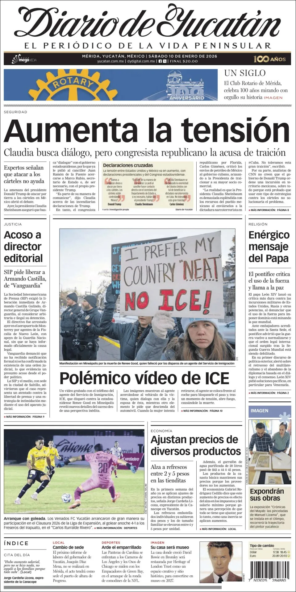 Portada de Diario de Yucatán del sábado, 10 de enero de 2026